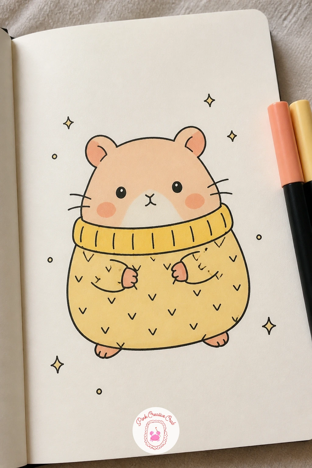 Hamster in a Tiny Sweater — Draw the hamster's plain round body shape first, then lay the sweater over it as a separate rounded shape that hugs the body but