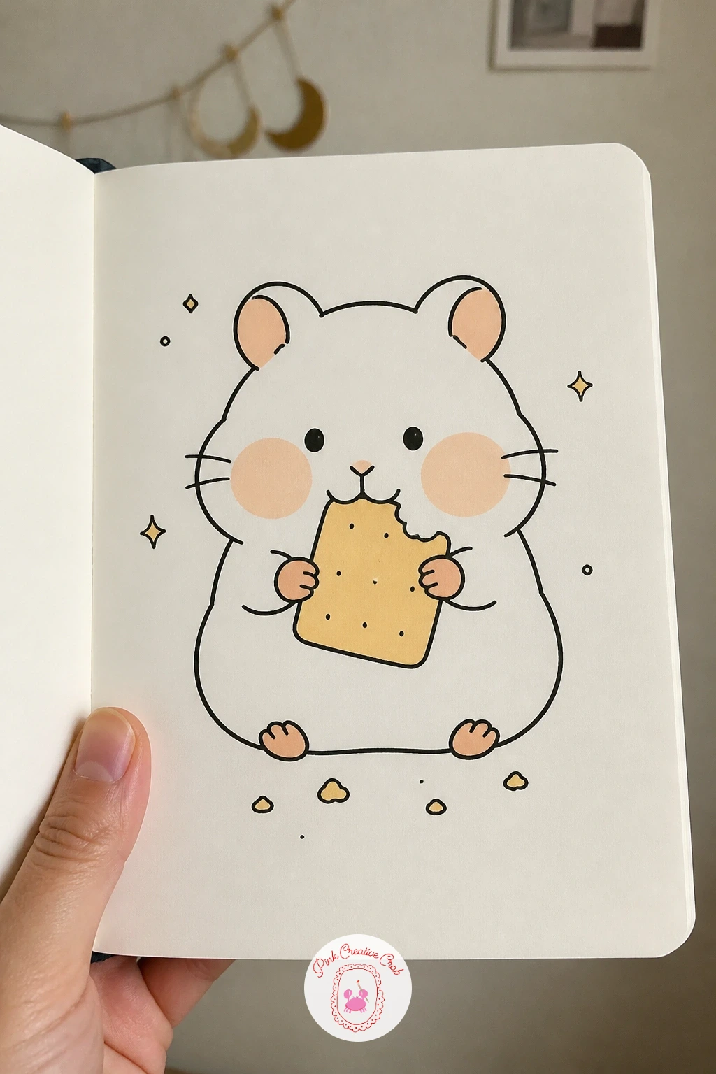 Hamster Eating a Cracker With Both Paws — Give the cracker straight edges and a grid of small dots, since that square shape next to the hamster's round body