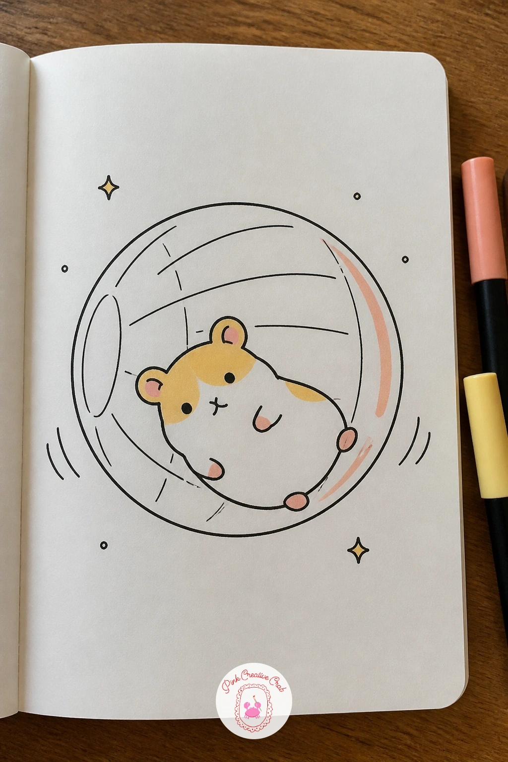 Hamster Rolling in a Clear Ball — Draw the ball as a full circle outline first, then draw the hamster's body entirely inside it before adding a second