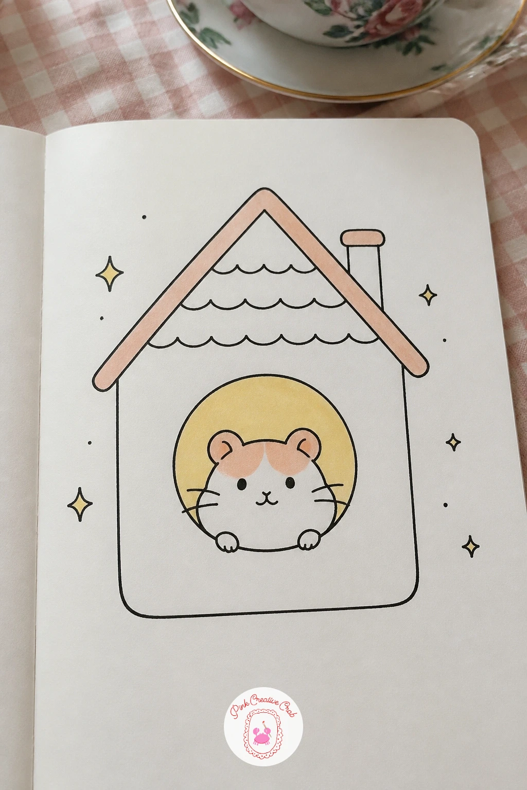 Hamster in a Little House With a Round Window — Build the house as a simple roof triangle over a square base, then cut a round window into the front wall using