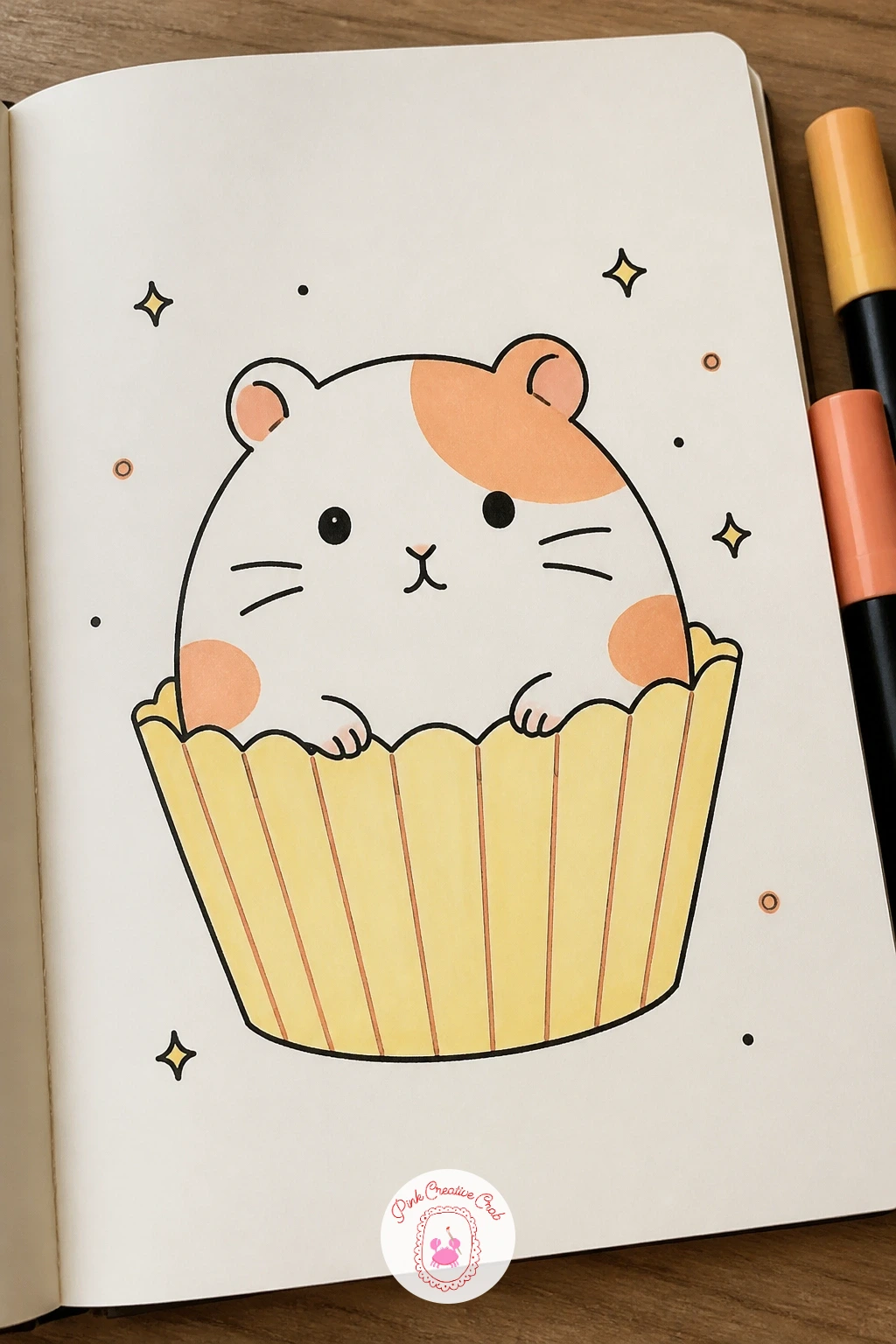 Hamster in a Cupcake Liner — Draw the fluted liner as a wide zigzag-edged cup shape first, keeping the folds even around the rim, then nestle the hamster's