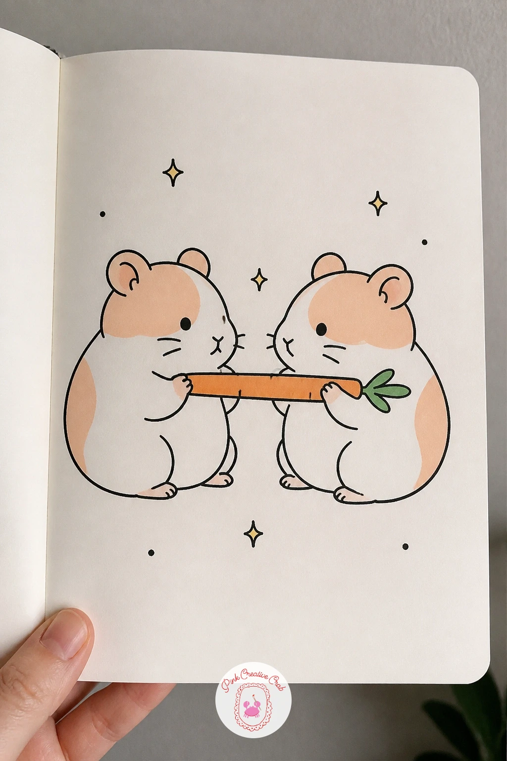Two Hamsters Sharing a Carrot Stick — Place the carrot stick between the two hamsters first, running diagonally, then build each hamster's head and paws