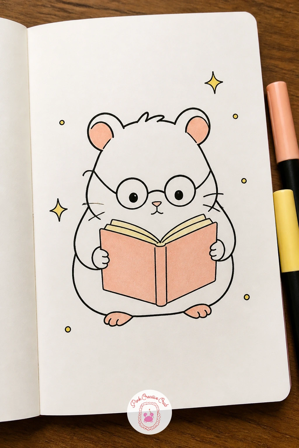 Hamster in Glasses Reading — Draw the glasses as two simple circles joined by a short bridge line sitting low on the hamster's face, since glasses placed too