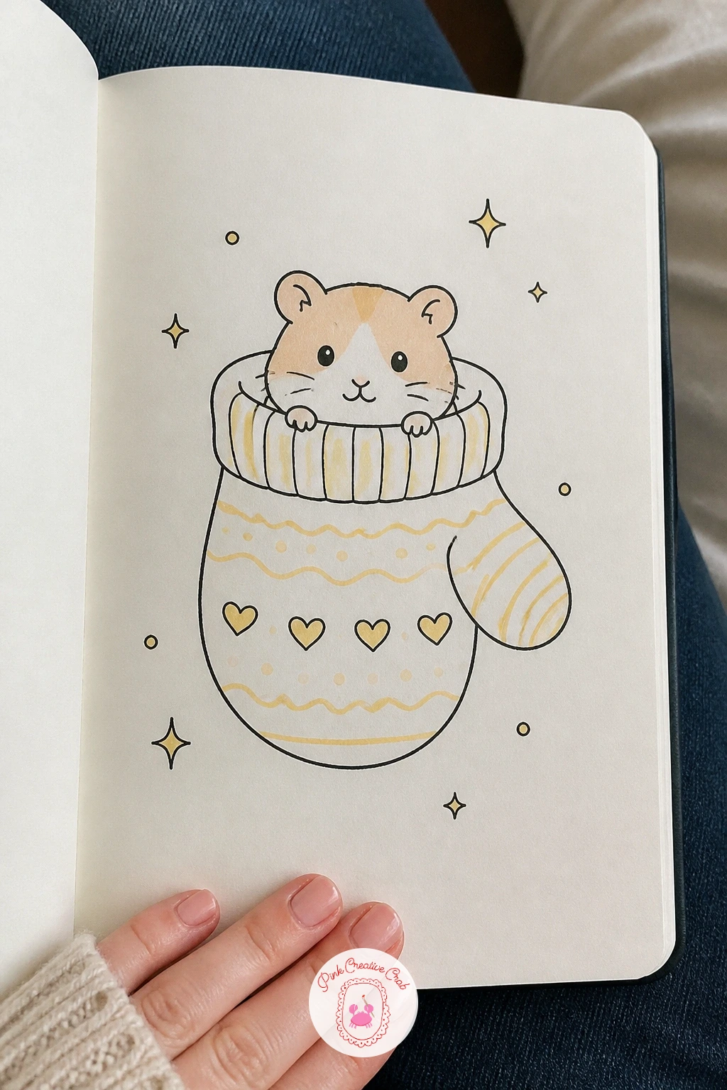 Hamster Tucked Into a Mitten — Draw the mitten's thumb section first, off to one side, since getting that separate thumb shape placed correctly early on is