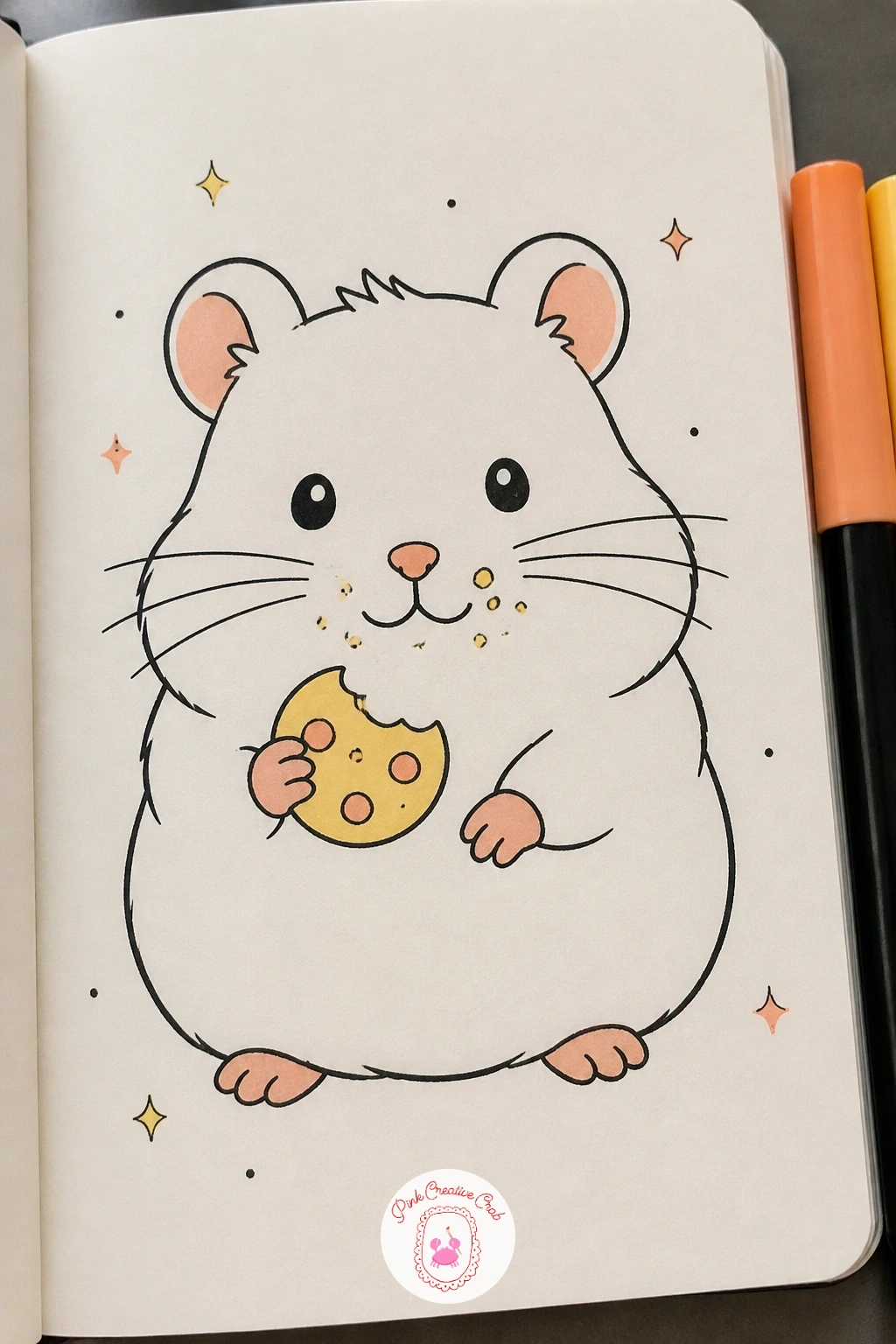 Hamster With a Crumb Mustache — Place a scatter of small irregular crumb shapes right above the hamster's mouth before anything else, since the joke of this