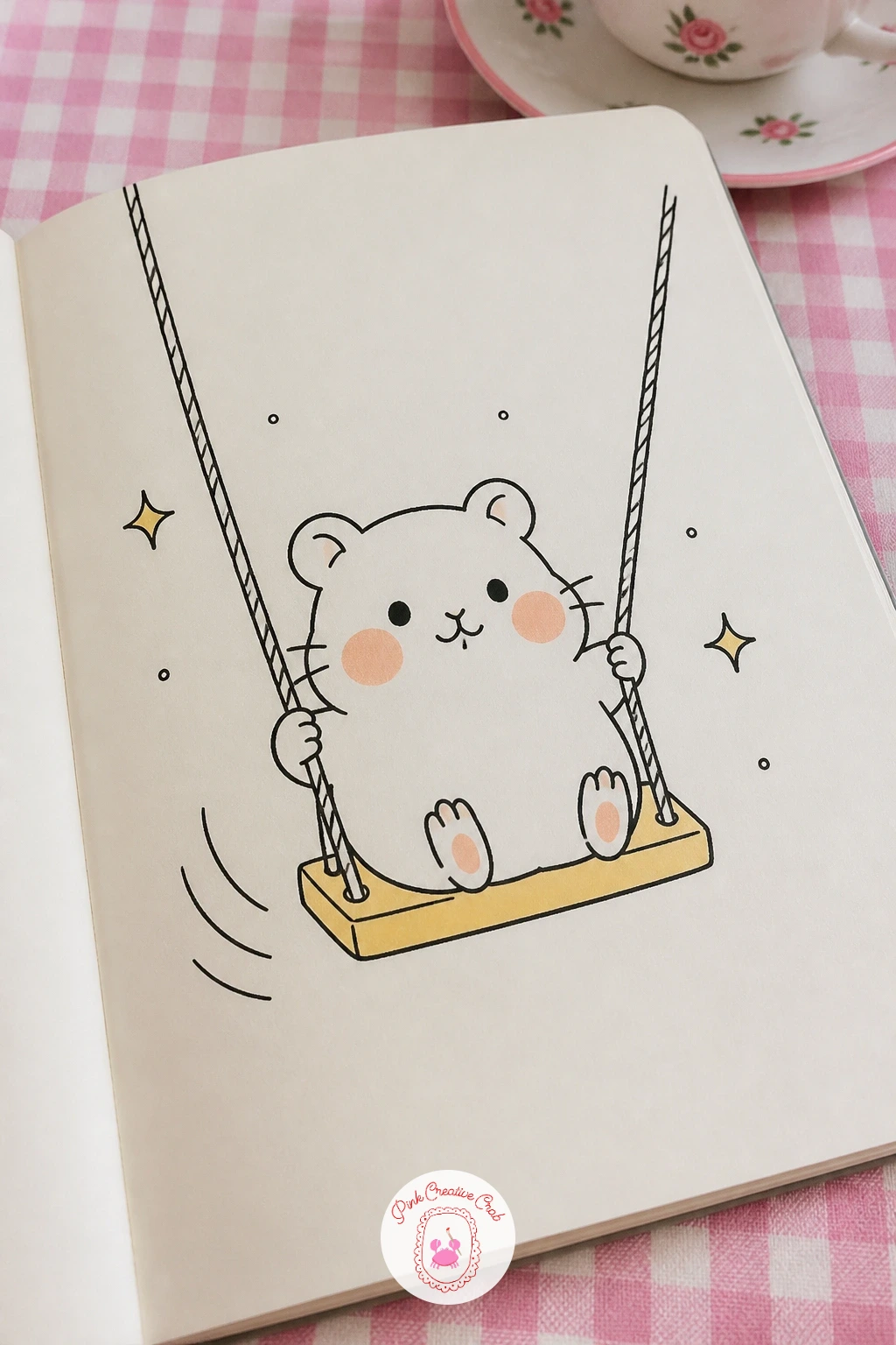 Hamster on a Mini Swing — Hang the swing seat from two straight lines first, drawn slightly angled rather than perfectly vertical, since a small forward or