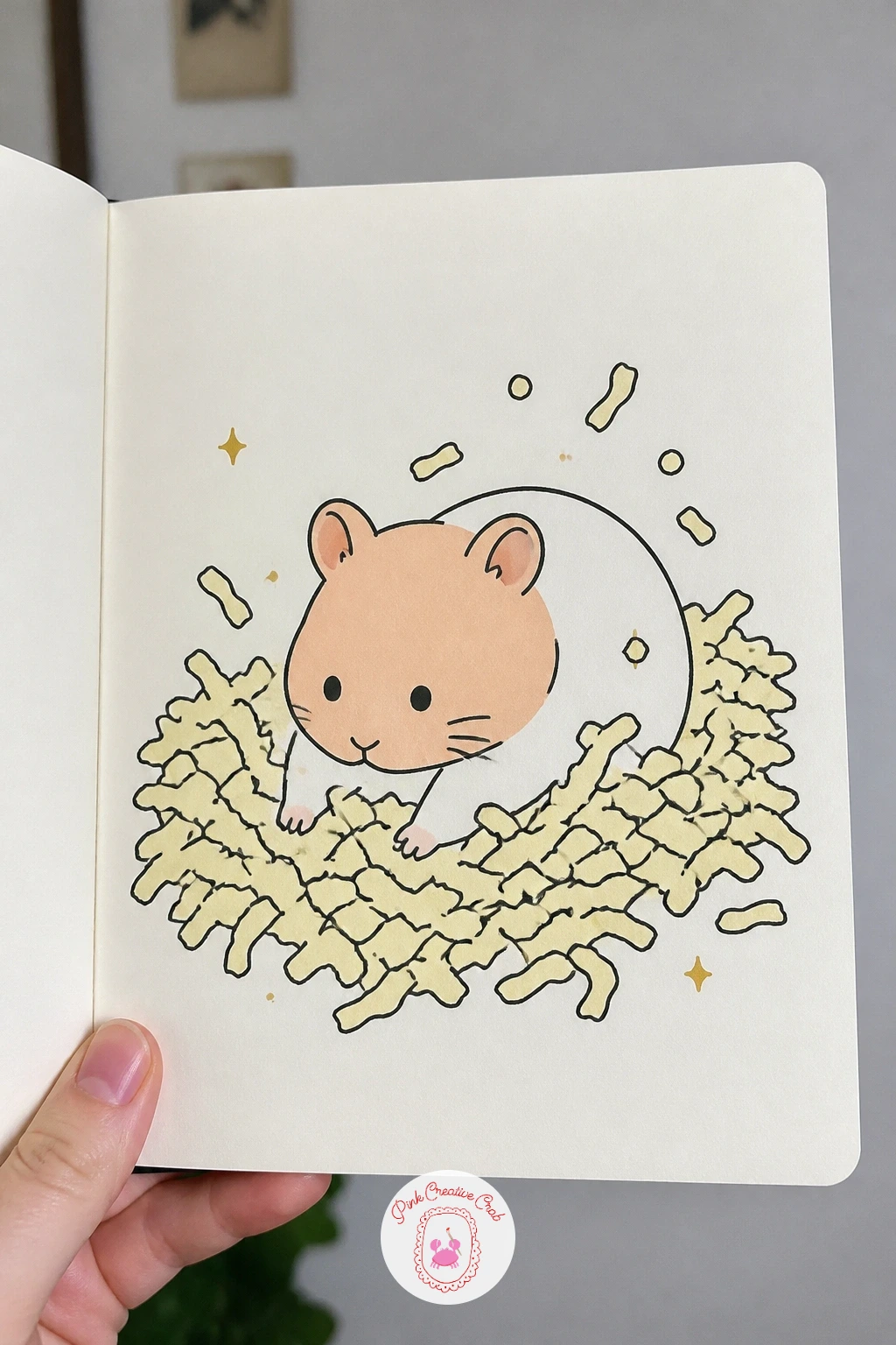Hamster Digging in Bedding — Scatter the bedding as loose scribbled strands rather than neat lines, since real wood shaving or paper bedding never lies flat