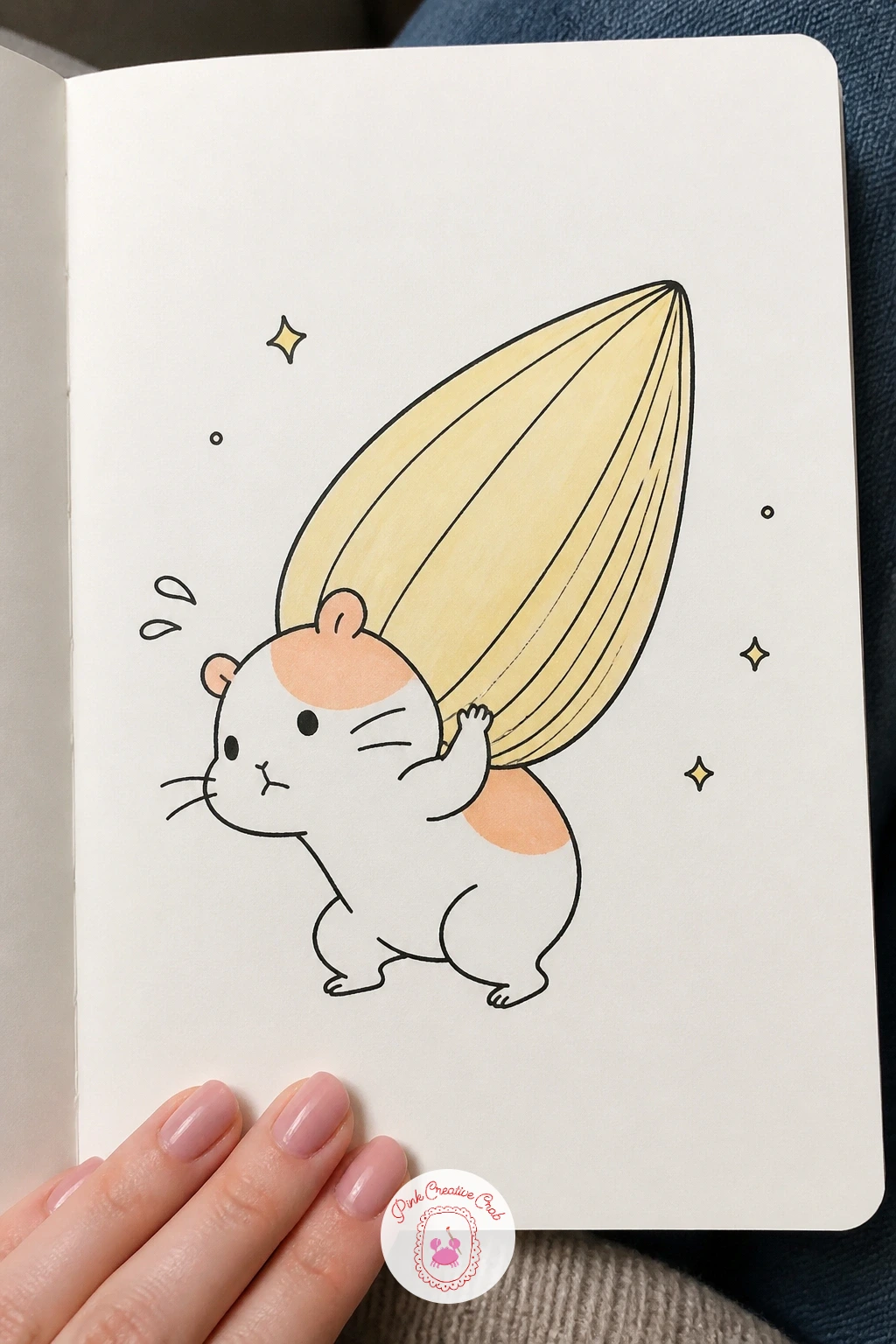 Hamster Carrying a Seed Bigger Than Itself — Draw the oversized seed first and scale the hamster down against it, since this idea only works if the seed is