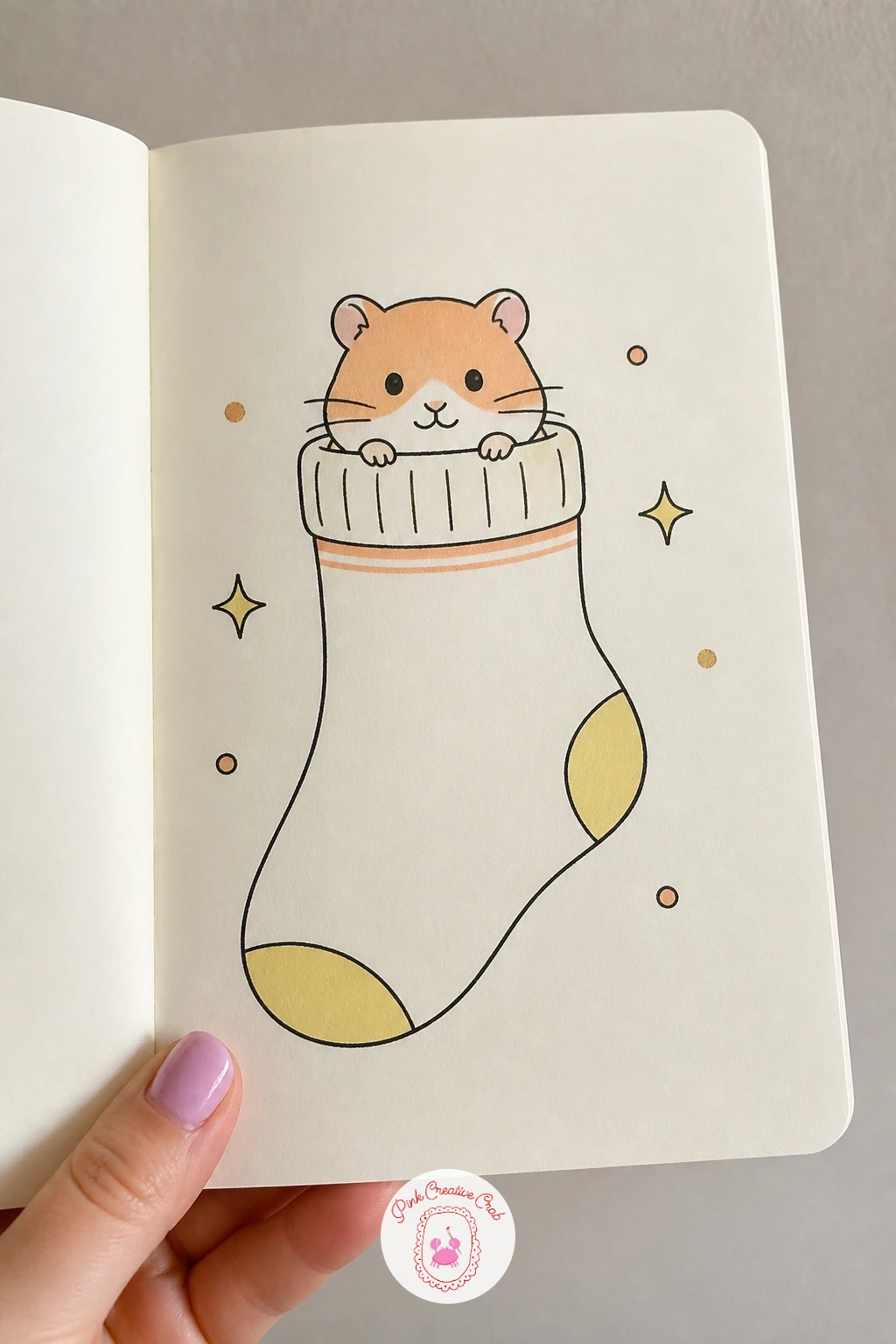 Hamster Tucked Into a Sock — Draw the sock as a long rounded tube shape with a slightly wider heel bend, then tuck the hamster down into the open top so just