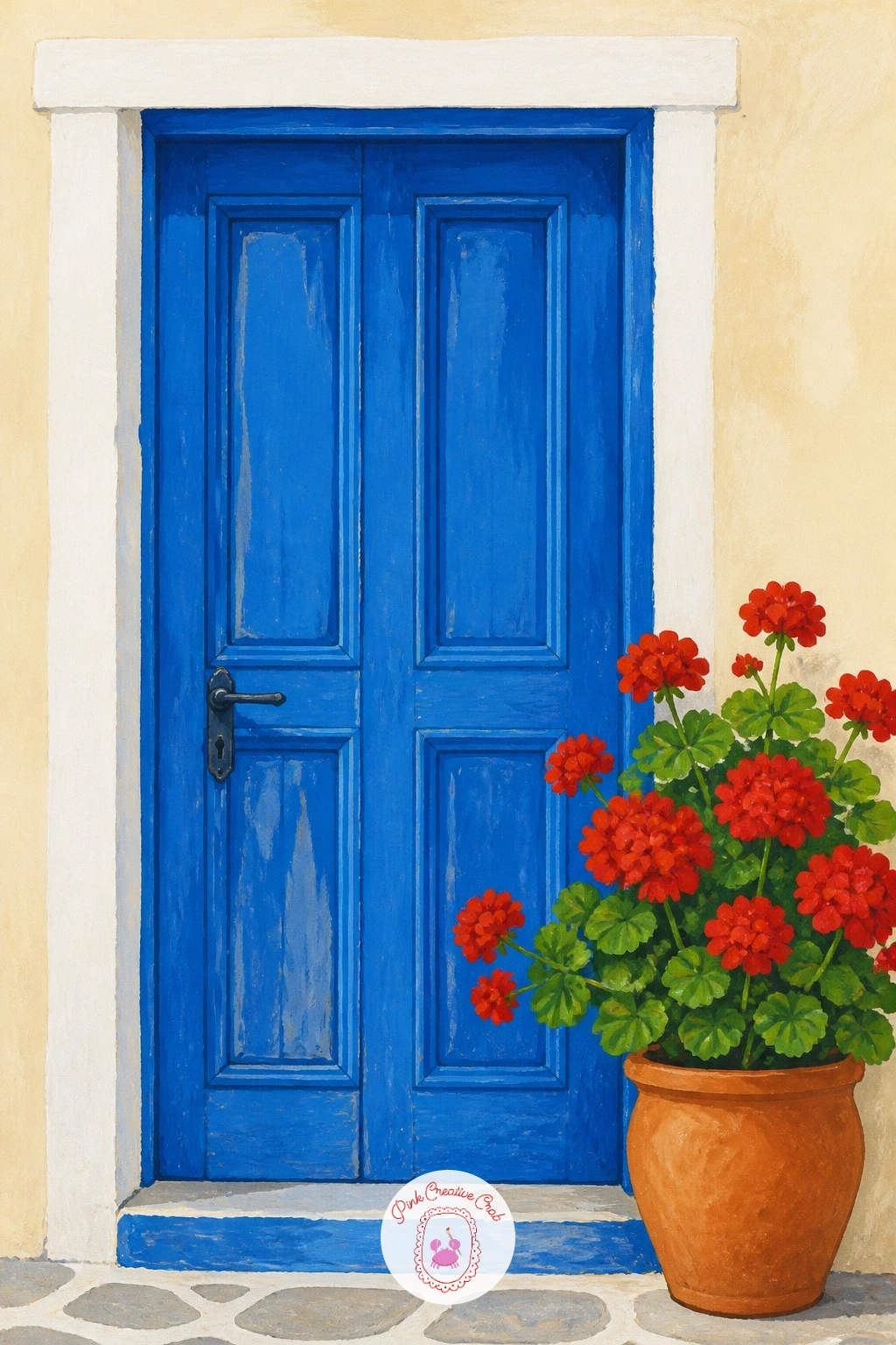Blue Door With Red Geraniums — A single blue door with a terracotta pot of red geraniums makes a satisfying small study you can finish in well under an hour.