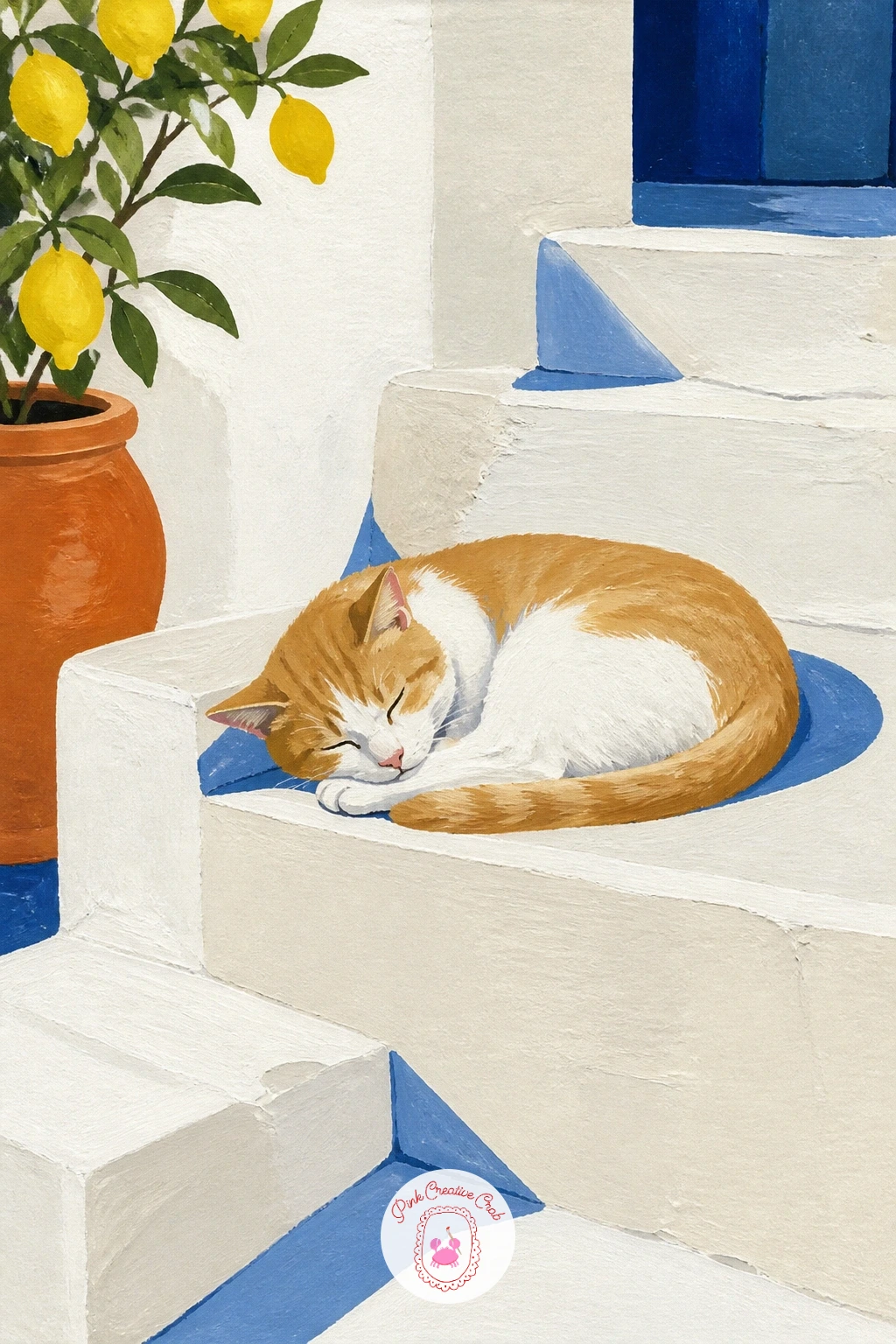 Cat Asleep On Whitewashed Steps — Every island has one of these: a cat curled up asleep on sun-warmed whitewashed steps. Greece painting