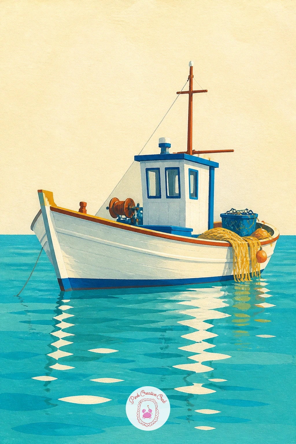 Fishing Boat In A Turquoise Harbor — Move from land to water with a small fishing boat bobbing in a turquoise harbor. Greece painting