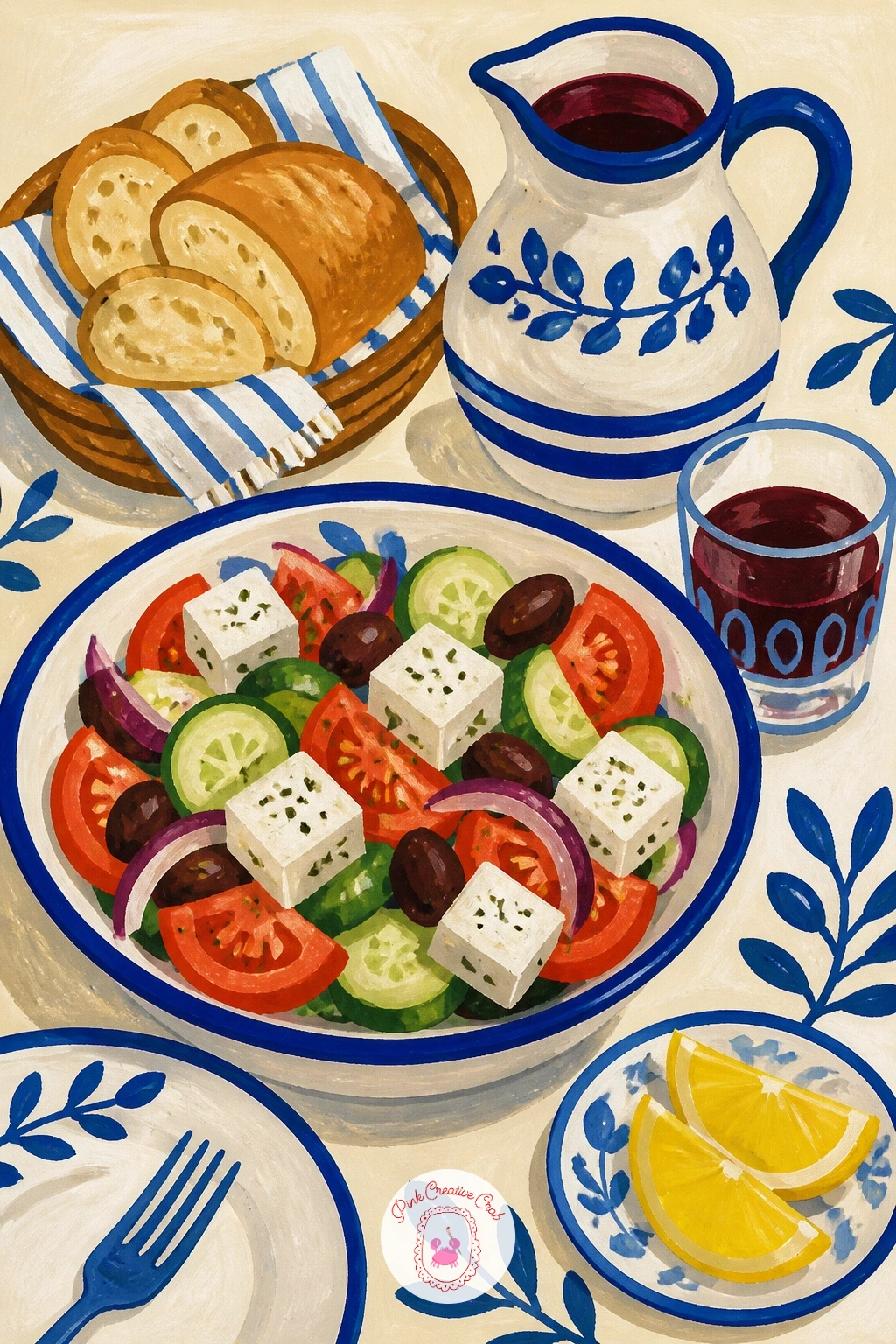 Taverna Table With Greek Salad And Wine — A taverna table set for lunch gives you a chance to paint food, glass and ceramics together in one small still life.