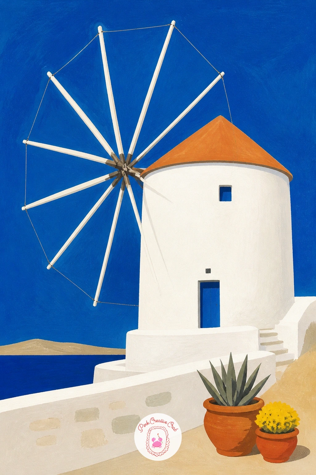 White Windmill On A Mykonos Hill — The round white windmills of Mykonos sit beautifully in gouache because their shape is so simple: a cone, a cylinder and a