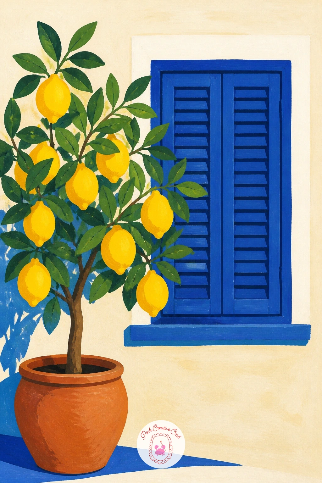 Lemon Tree By A Blue Window — A potted lemon tree beside a blue shuttered window brings in that lemon yellow accent the whole palette has been waiting for.