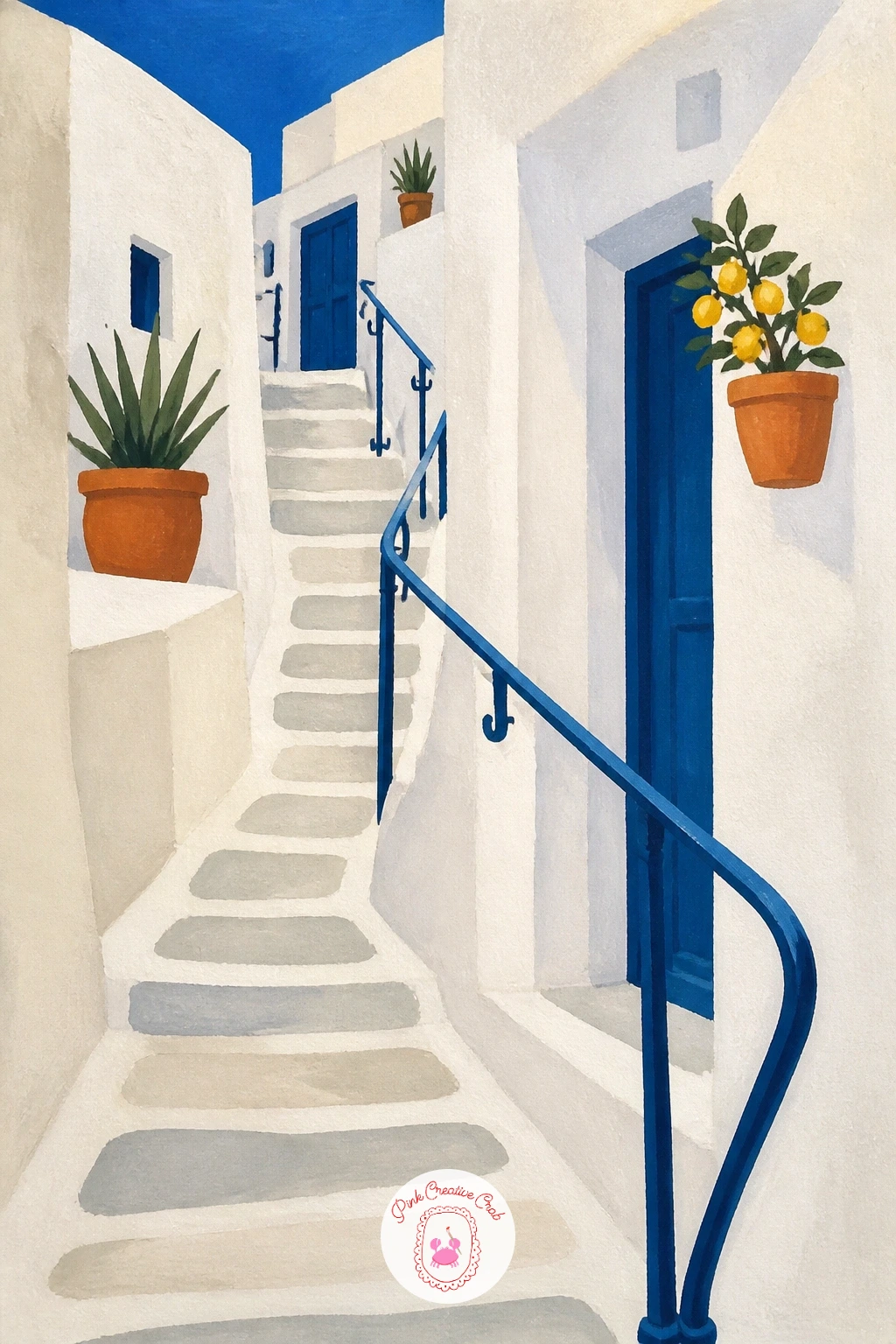 Narrow Lane With Blue Railings — Paint a narrow whitewashed lane with steps and blue railings and you capture that feeling of wandering an island village with