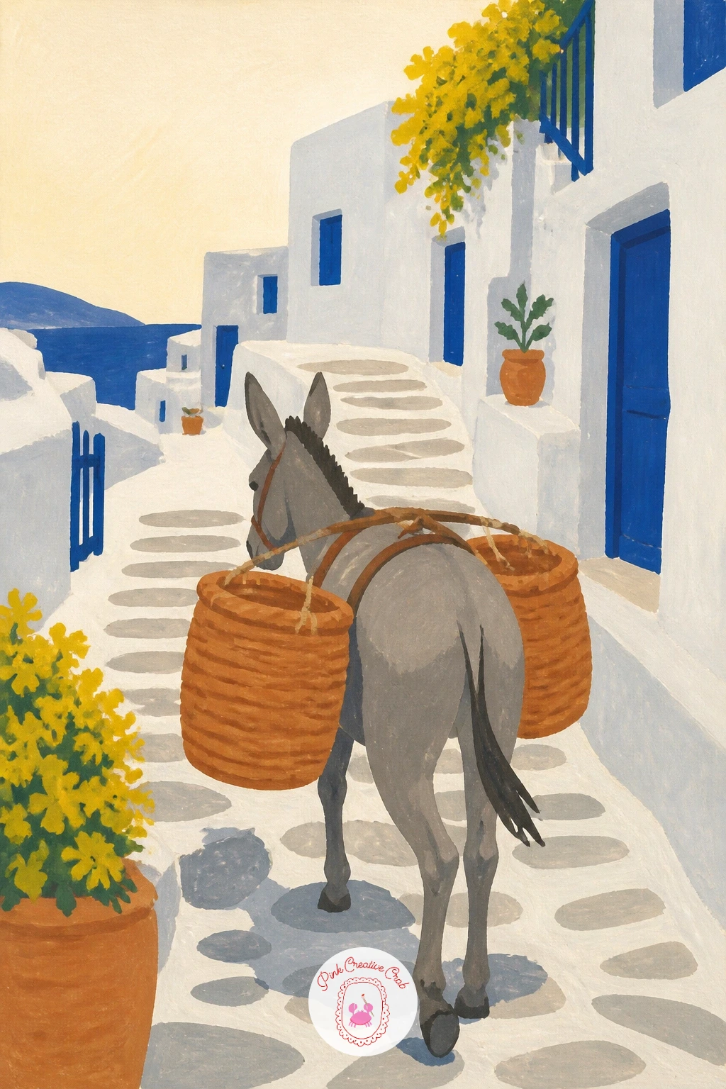 Donkey Carrying Baskets Up A Village Path — A donkey loaded with baskets climbing a village path adds movement and a little character to your collection.