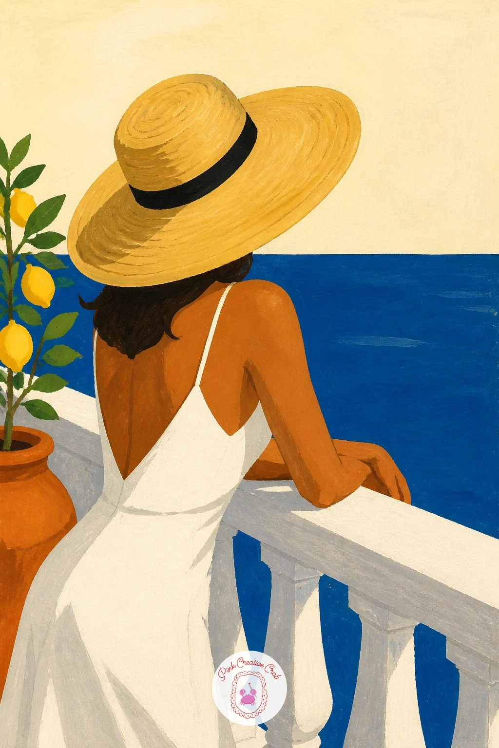 Woman In A Straw Hat On A Sea Balcony — Painting a figure feels more involved than a building, but a woman in a straw hat leaning on a balcony rail above the