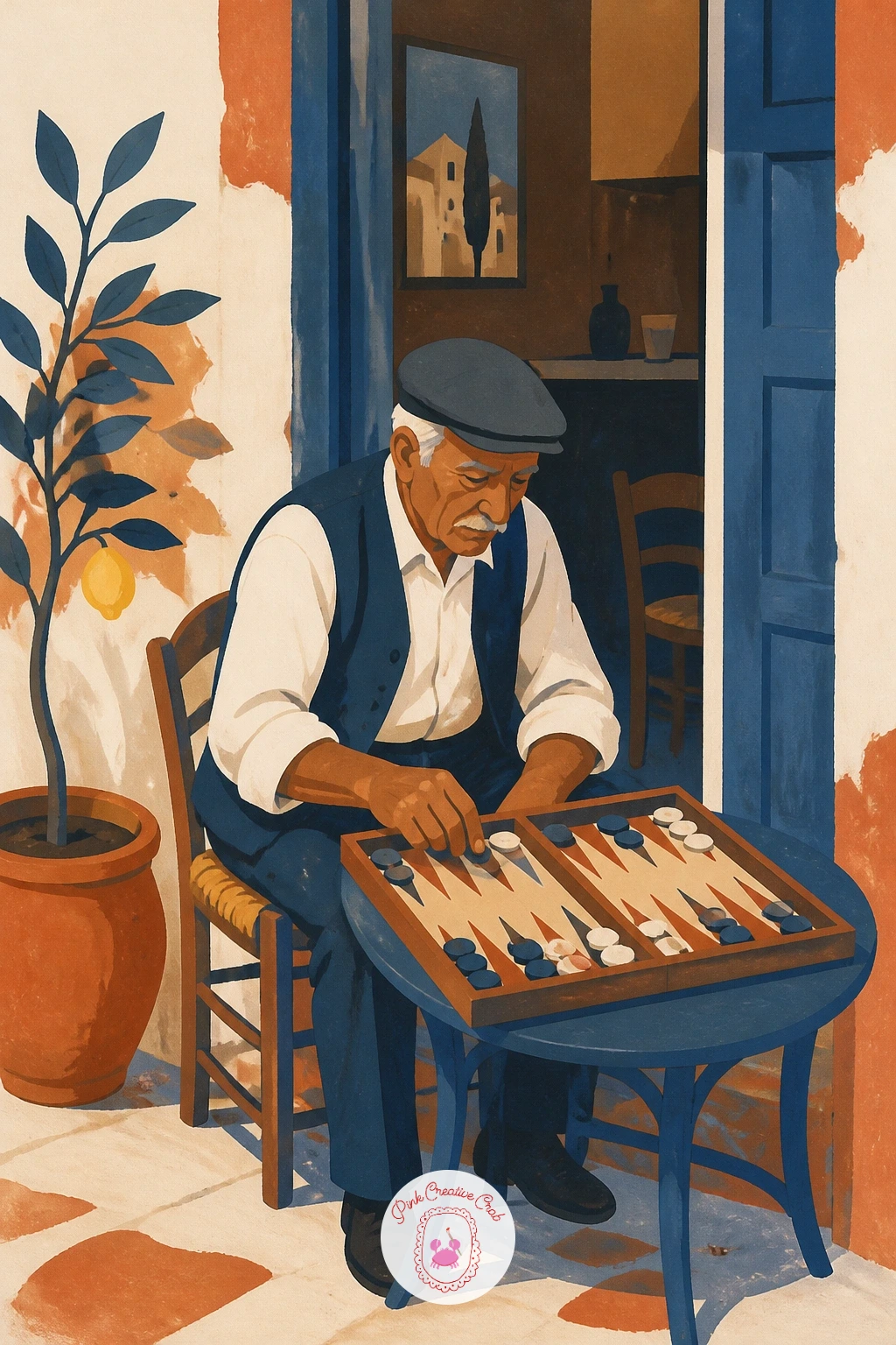 Old Man Playing Backgammon In A Doorway — An old man playing backgammon in a cafe doorway is a classic island moment worth slowing down for. Greece painting