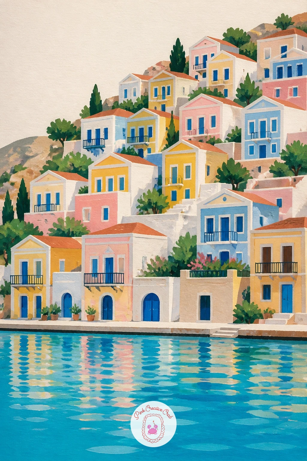 Pastel Harbor Houses On Symi — The stacked pastel houses of Symi give you a chance to break from pure whitewash into soft pink, yellow and blue facades