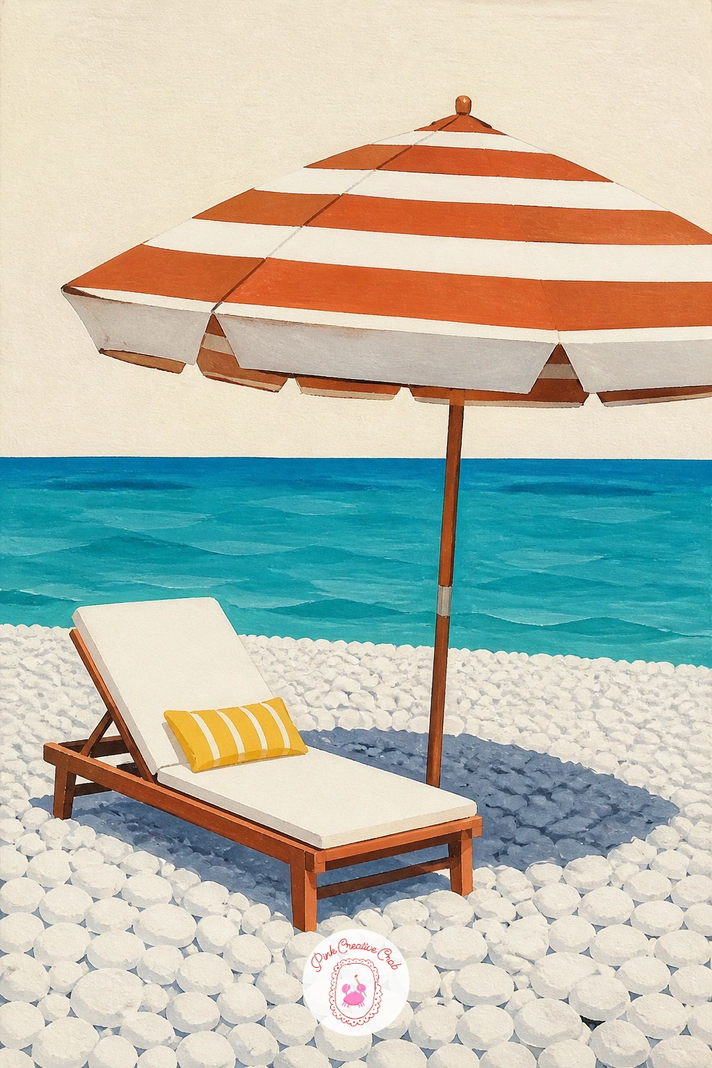 Beach Umbrella On White Pebbles — A striped beach umbrella and sun lounger on a white pebble beach makes an easy, breezy subject with strong graphic shapes.