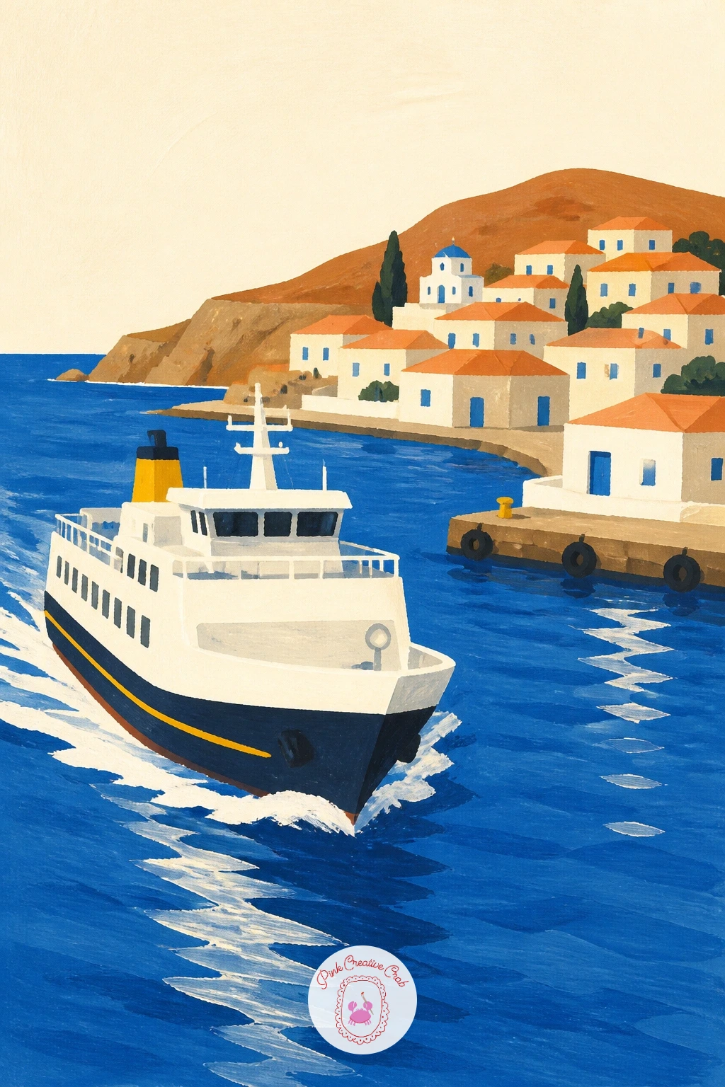 Ferry Arriving At A Small Island Port — A ferry arriving at a small island port brings movement and a sense of anticipation into the picture. Greece painting