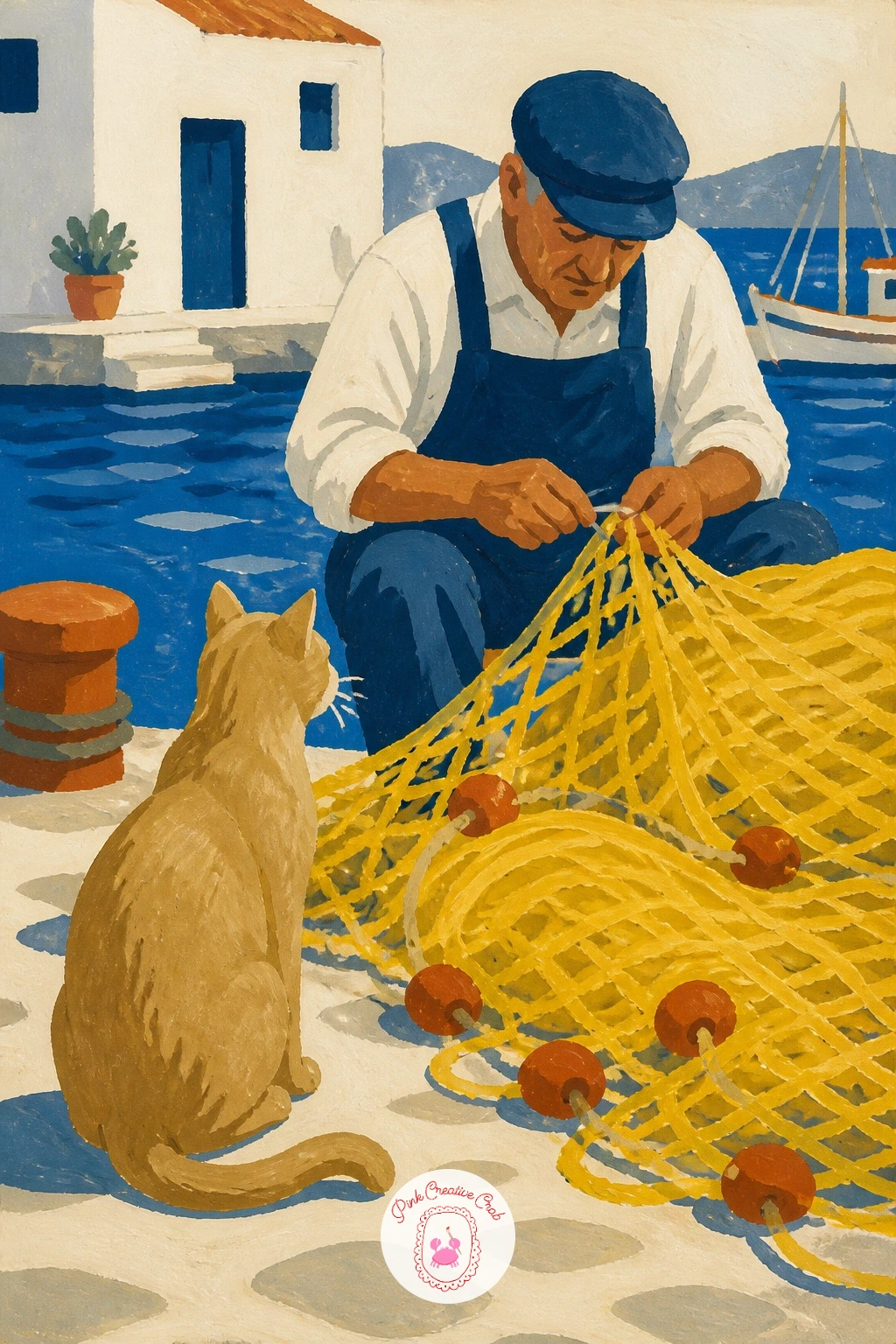Cat Watching Fishermen Mend Yellow Nets — A cat watching fishermen mend yellow nets on the dock combines an animal and a small human scene in one composition.