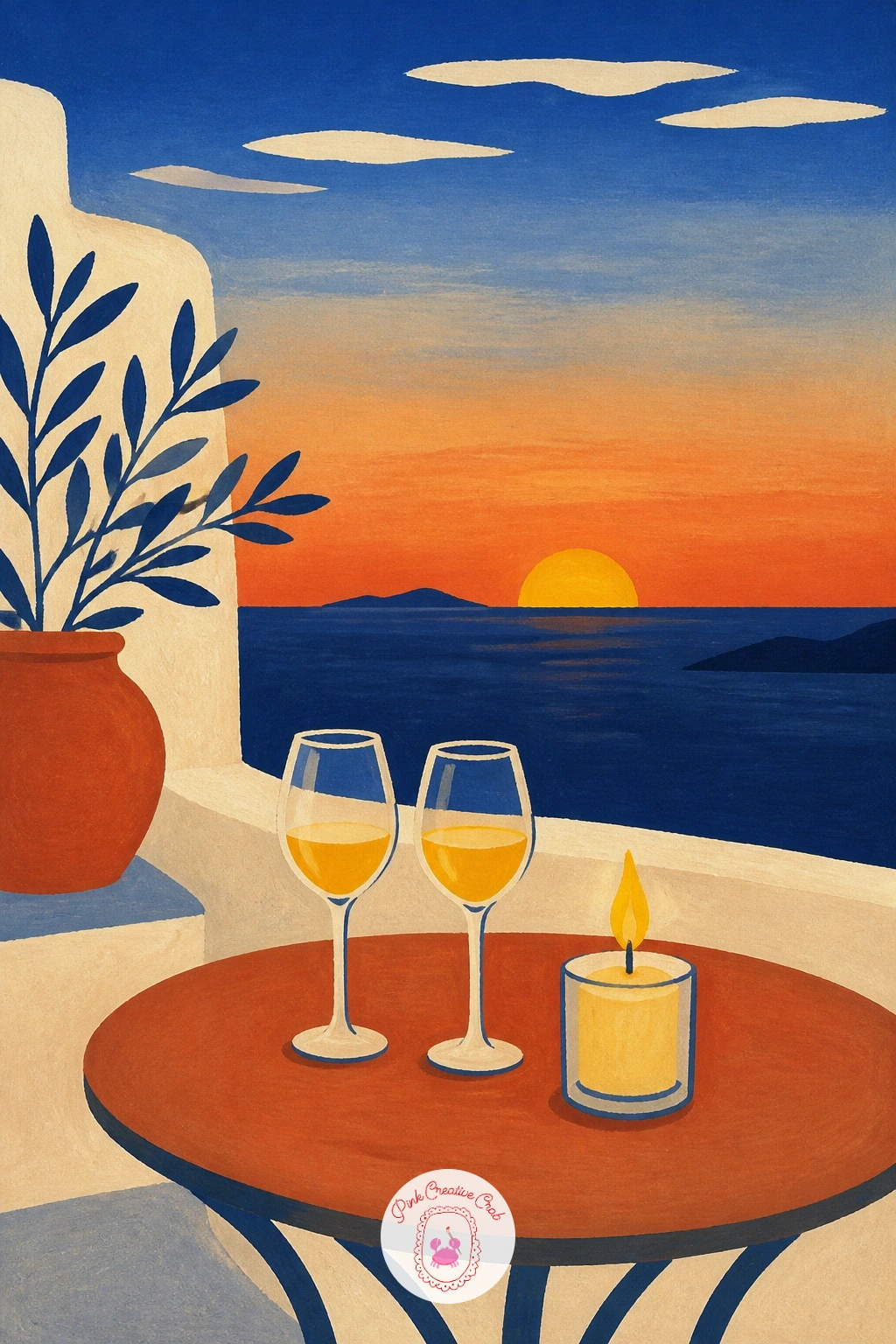 Sunset Terrace With Two Glasses And A Candle — A sunset terrace set with two glasses and a candle is all about mood, built from warm light against a cooling