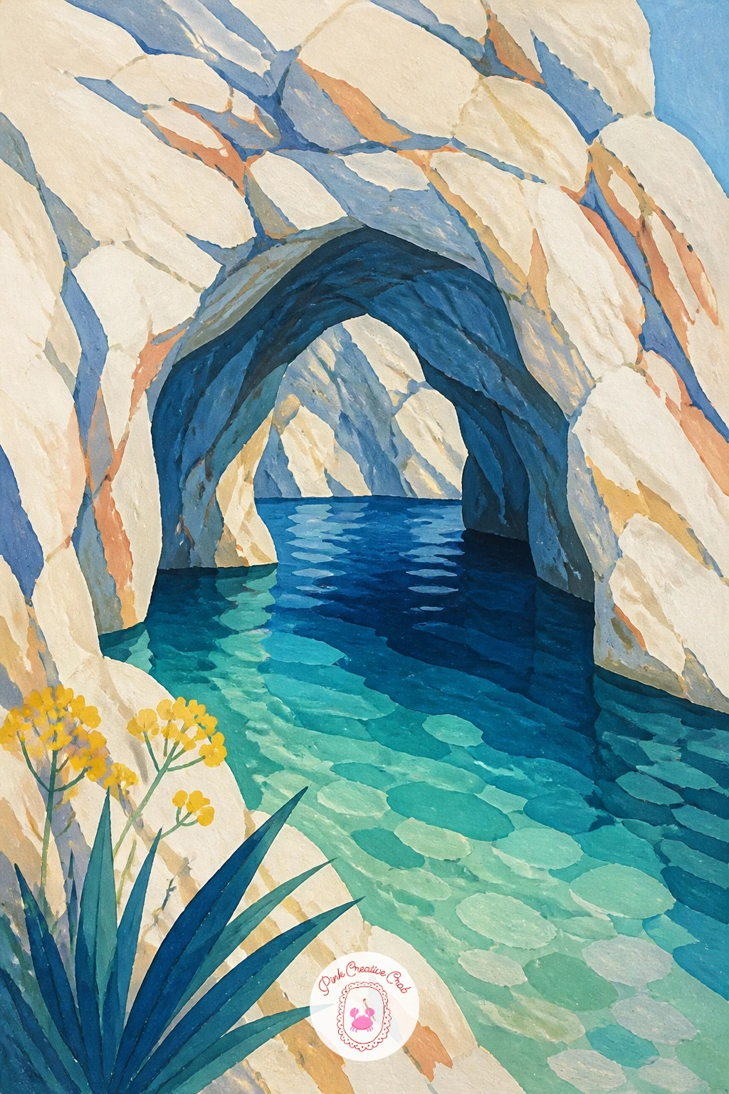 Sea Cave Pool In Pale Cliffs — A sea cave pool carved into pale cliffs lets you paint clear water and rock texture together in one dramatic small scene. Greece