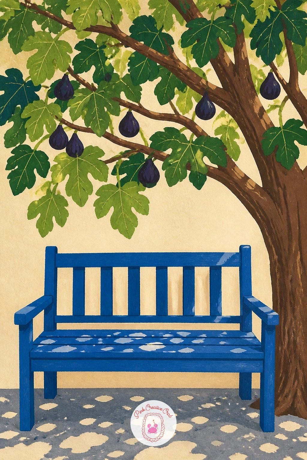 Fig Tree Shading A Blue Bench — A fig tree shading a simple blue bench makes a calm, restful scene once you have painted a few busier ones. Greece painting
