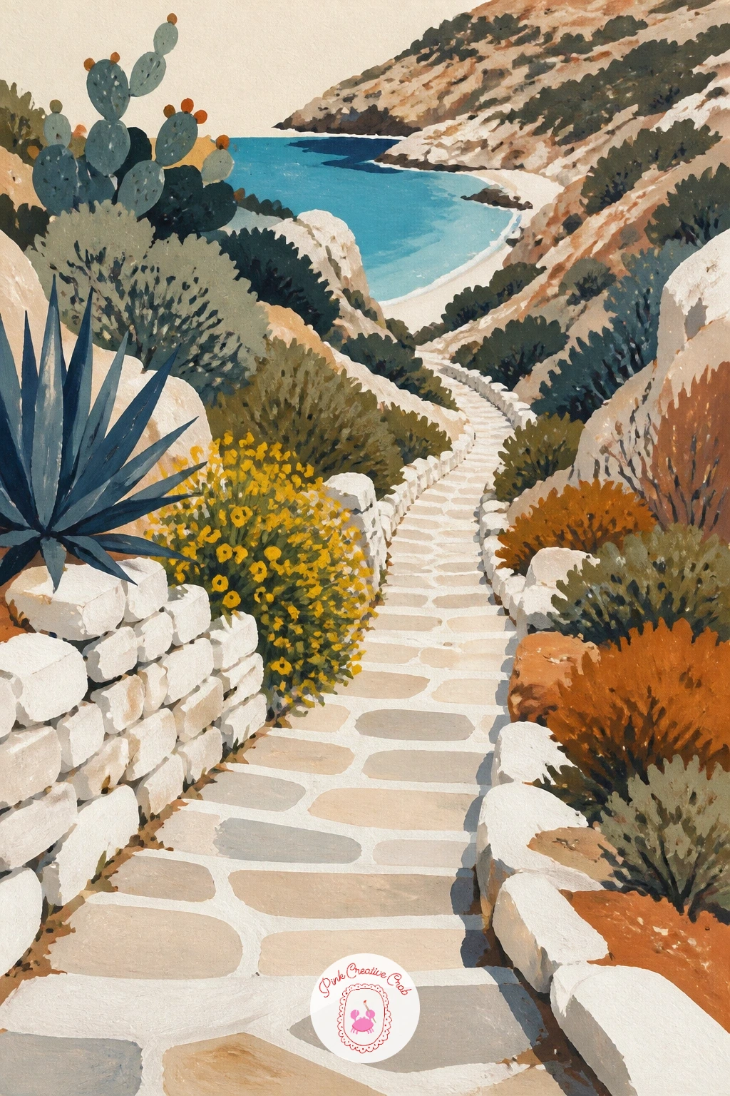 Stone Path Winding Down To A Hidden Cove — A stone path winding down to a hidden cove is a strong perspective exercise built on just a few receding shapes.
