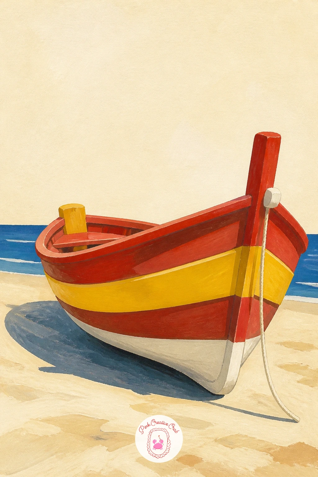 Red And Yellow Boat Pulled Up On Sand — A red and yellow wooden boat pulled up on the sand is a cheerful, graphic subject that pairs well with the lemon yellow