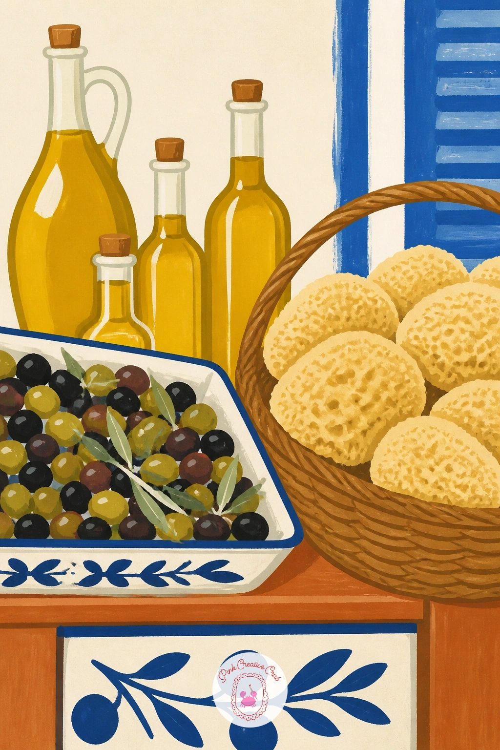 Market Stall Of Olives, Oil And Sponges — A market stall piled with olives, oil bottles and sea sponges is a fun, busy still life once you break it into clear