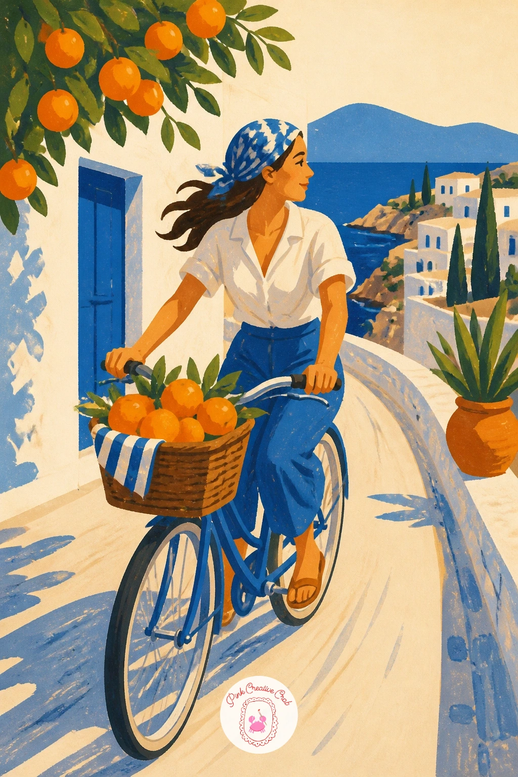Girl On A Bicycle With Oranges In Crete — A girl riding a bicycle with a basket of oranges takes a little more planning since the bicycle itself has to look