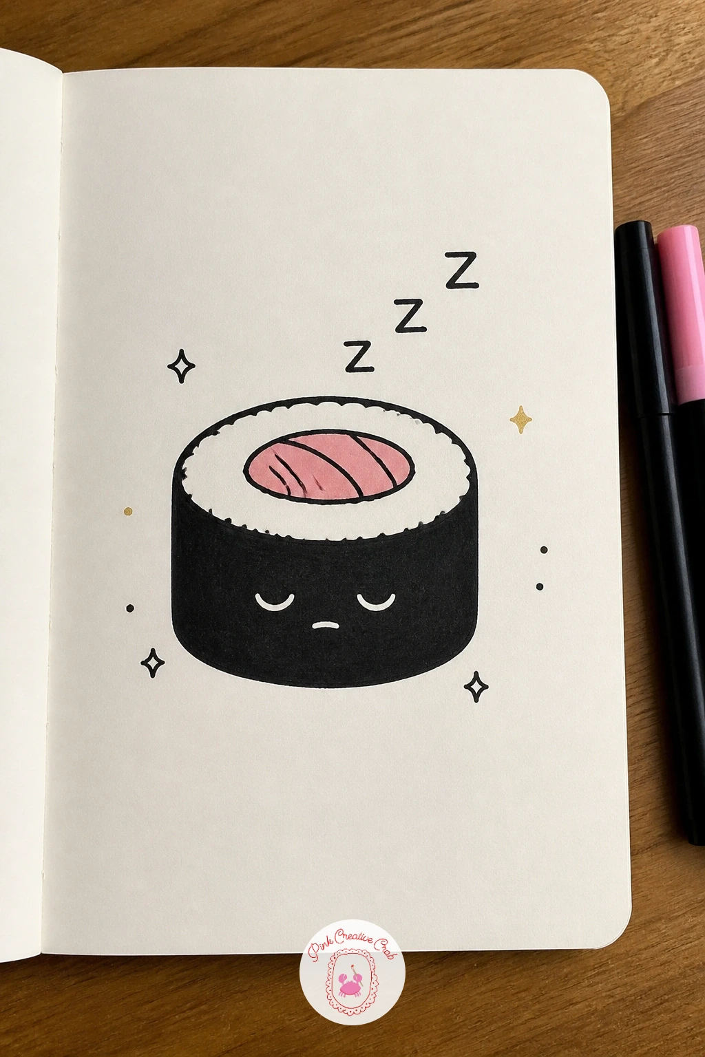 Sleepy Sushi Roll — Bring a little humor in with a sleepy sushi roll, drawn as a simple circle divided by a few curved lines for the rice and filling. Mini