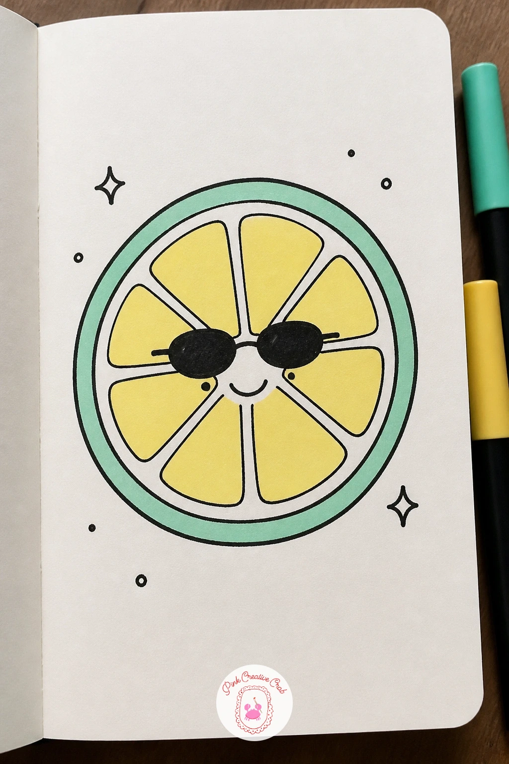 Lemon Slice Wearing Sunglasses — Keep the fun going with a lemon slice wearing sunglasses, a doodle built from one circle and some simple radiating lines. Mini