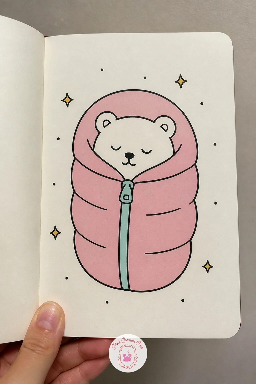 Tiny Bear In A Sleeping Bag — Carry the sleepy mood into a tiny bear in a sleeping bag, one of the cozier mini doodles to draw slowly