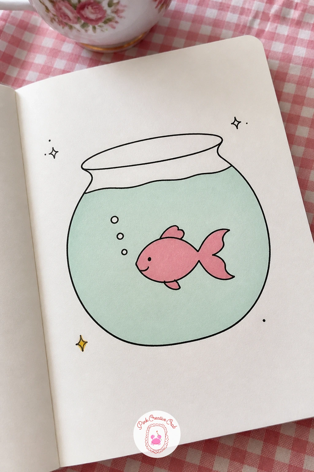 Mini Fishbowl With One Goldfish — Settle the page with a mini fishbowl holding just one goldfish, a calm doodle that relies on a clean, simple outline. Mini