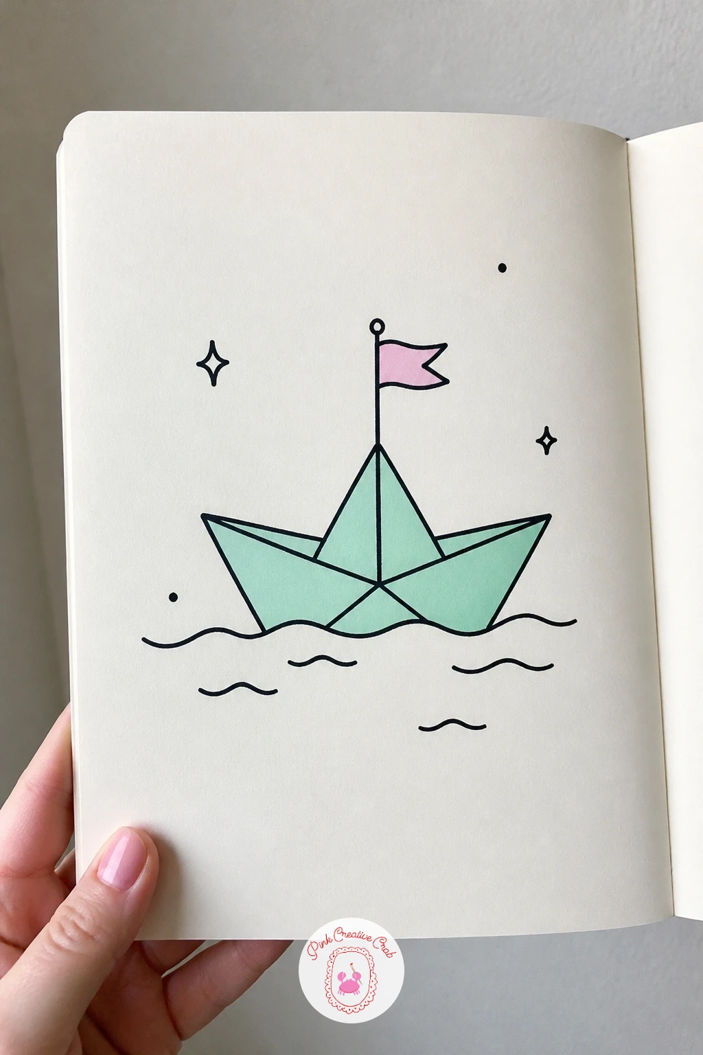 Paper Boat With A Tiny Flag — Fold interest into the page with a paper boat carrying a tiny flag, a shape built entirely from straight angled lines rather than