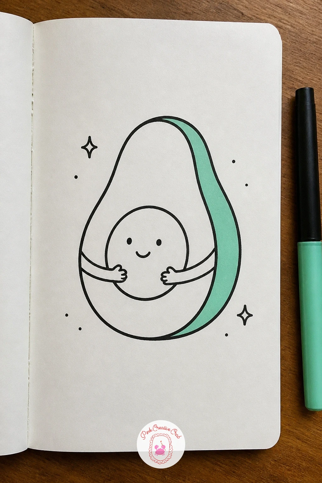 Avocado Half Hugging Its Pit — Bring back a little character with an avocado half wrapped around its own pit as if hugging it. Mini doodle
