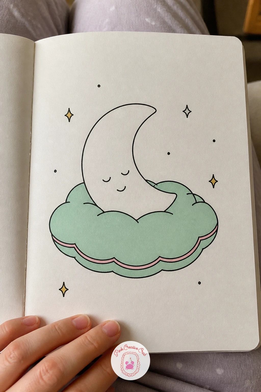 Little Moon On A Cloud Pillow — Return to the night sky with a little moon resting on a cloud pillow, a quiet companion piece to the earlier sleepy star. Mini