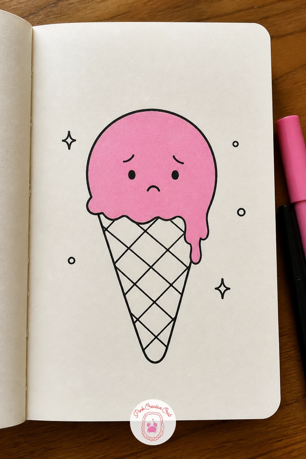 Ice Cream Cone Melting A Little — Give a classic ice cream cone a little personality by letting it melt just slightly down one side. Mini doodle