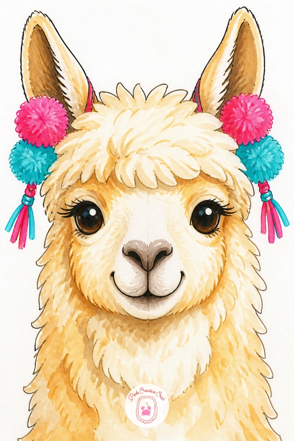 Llama With Pom-Pom Ears — Start with the easiest llama on this whole list: a simple fuzzy face with bright pom-poms tied to its ears. Llama drawing