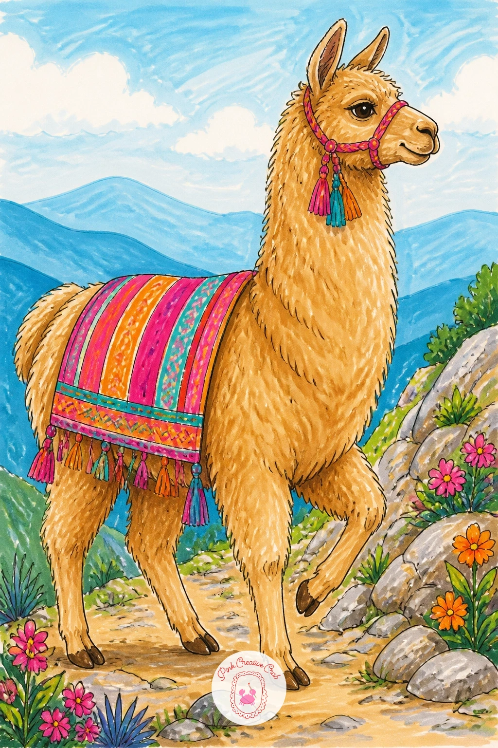 Llama In A Woven Blanket On A Mountain Path — Build this one as a side profile walking along a sloped path, which is a gentler shape to copy than a straight-on