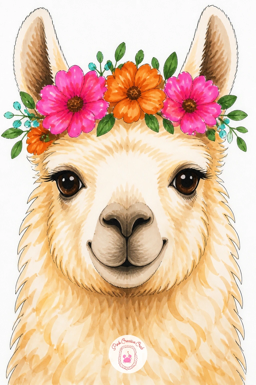 Llama With A Flower Crown — Circle back to a single face for this one, but dress it up. Llama drawing