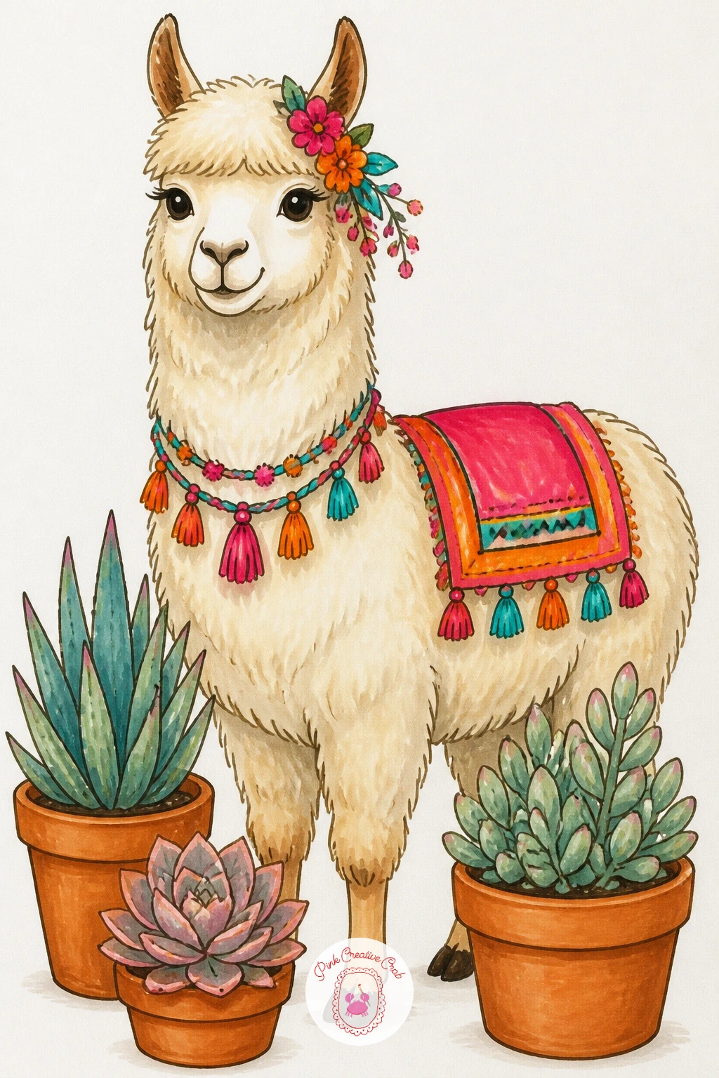 Llama Among Potted Succulents — This scene turns the llama into part of a cozy still life, sitting or standing among a cluster of potted plants. Llama drawing