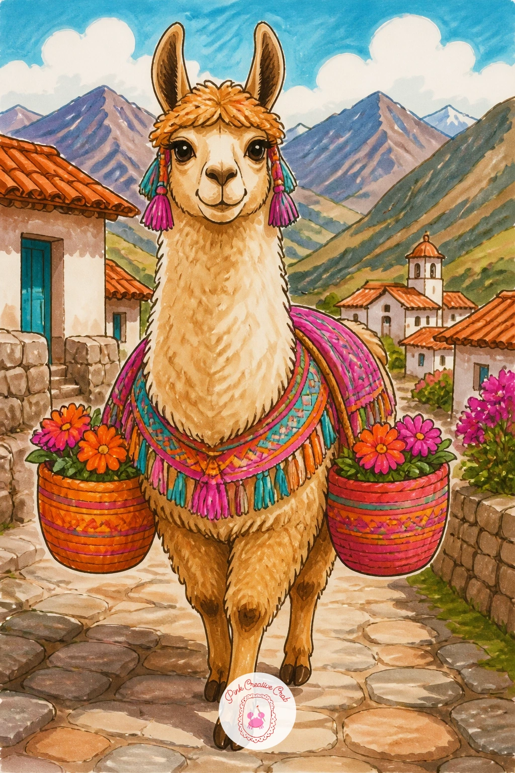 Llama Carrying Baskets Through An Andean Village — This is the first bigger scene on the list, so give yourself the full sitting for it. Llama drawing