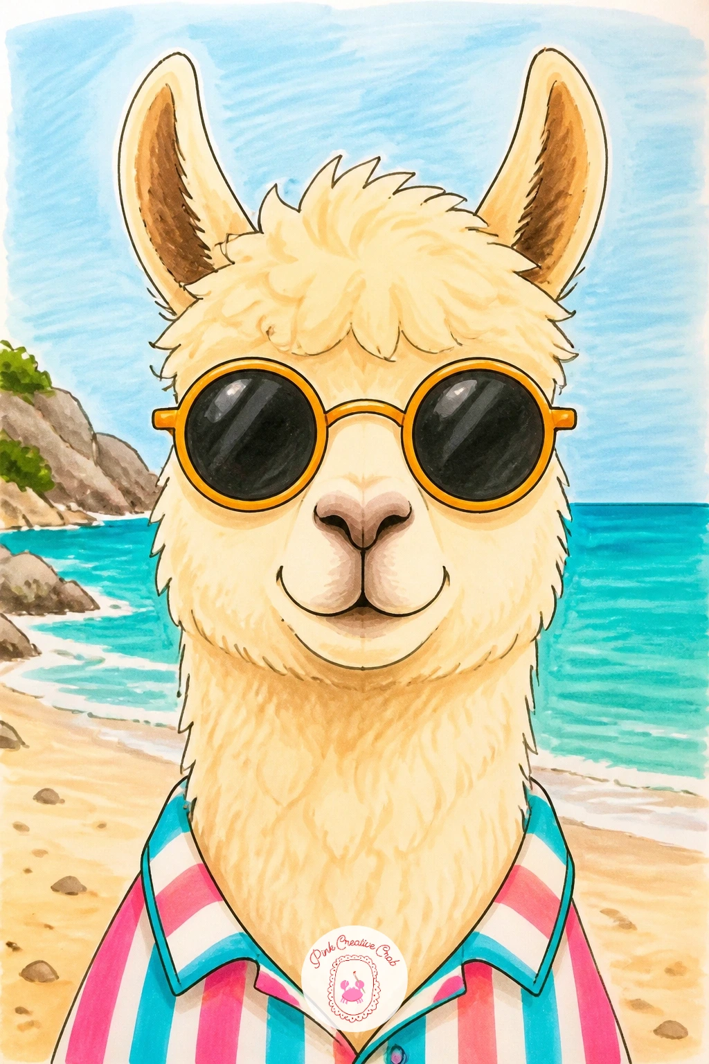 Llama In Sunglasses At The Beach — Give the llama a little vacation for this one. Llama drawing