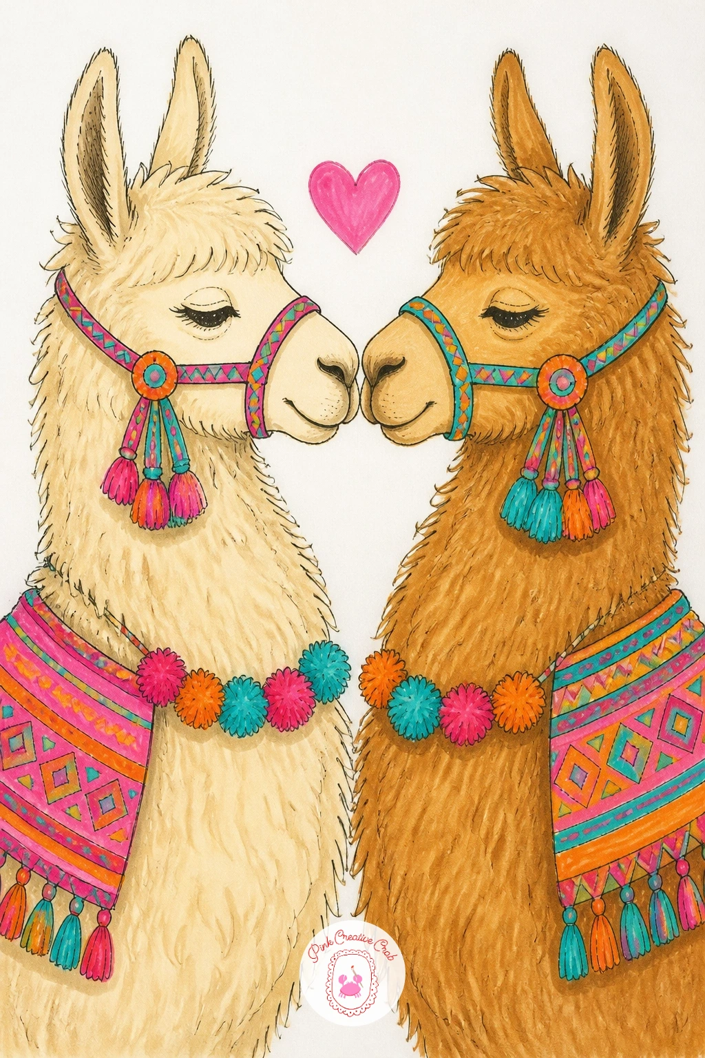 Two Llamas Touching Noses — This tender little scene asks for two matching heads facing each other, noses almost meeting in the middle. Llama drawing