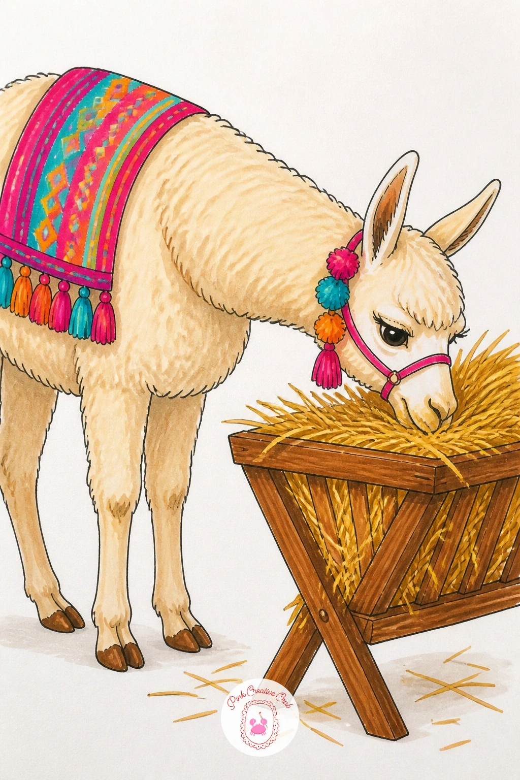 Llama Eating From A Hay Rack — Give the llama a simple farmyard job for this scene. Llama drawing
